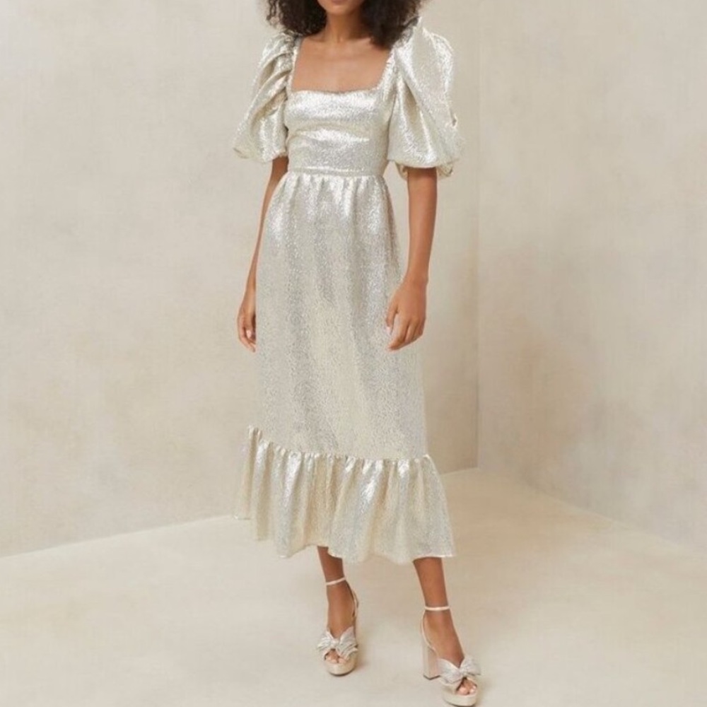 Loeffler Randall Elisa Puff Sleeve Gold Midi Evening Dress Size 6